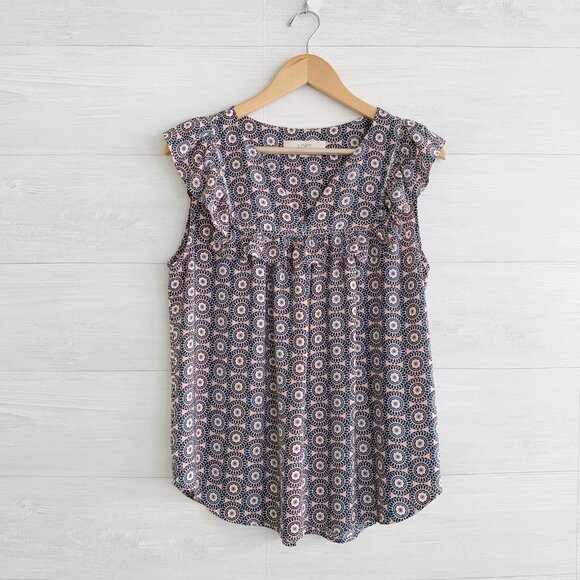 LOFT - Pink teal geometric ruffled sleeveless top, M - Picture 1 of 4